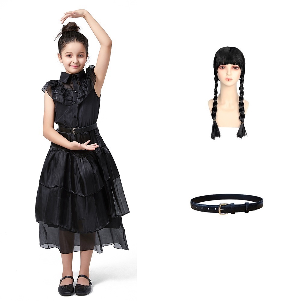 thumbnail image 2 of Vestido de malla negro estilo gótico traje diario de encaje multicapa para niña de un solo pecho, 2 of 2