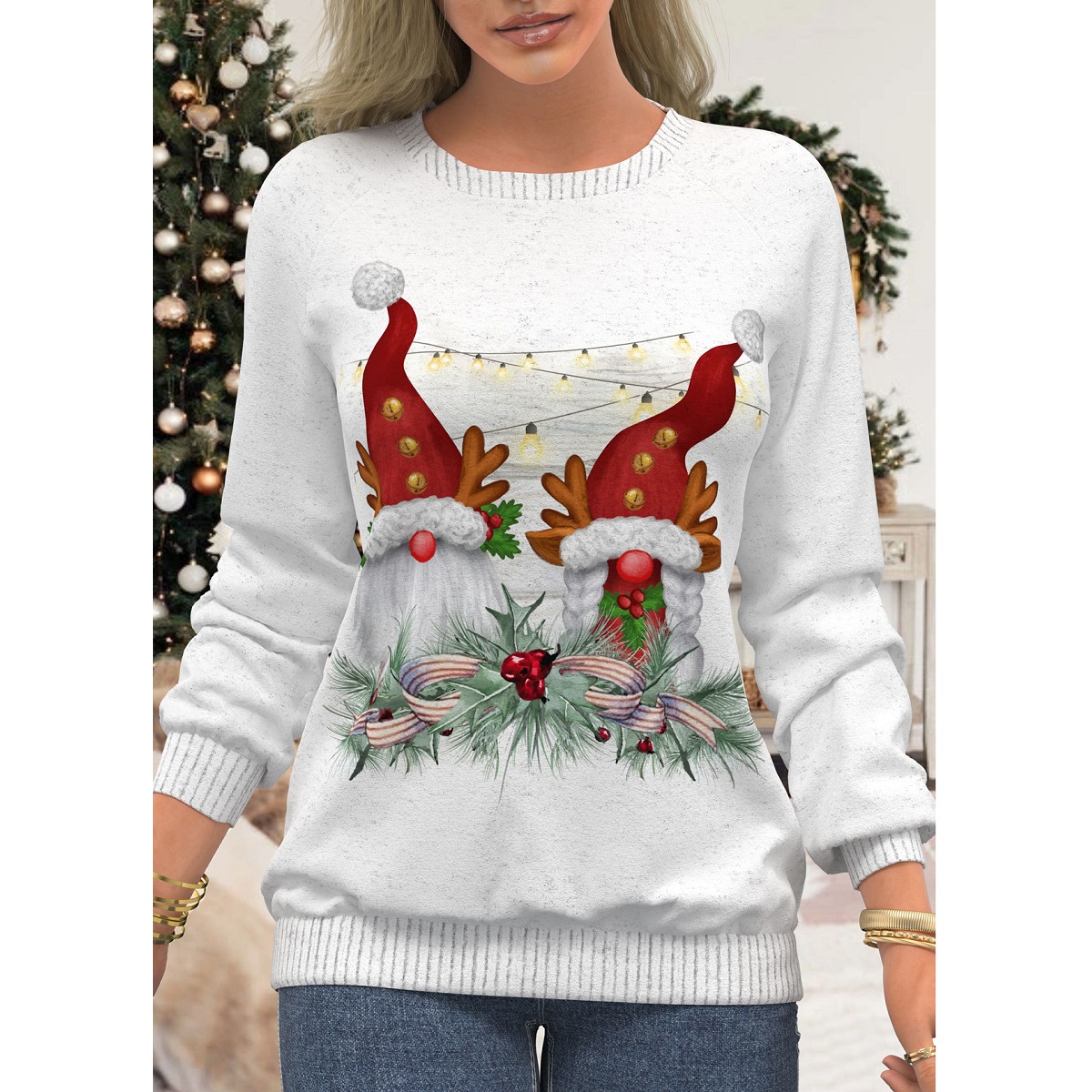 thumbnail image 2 of Jersey de Navidad para mujer, blusa suelta, sudaderas para mujer, camisetas de manga larga de Navidad (blanco XL), 2 of 2