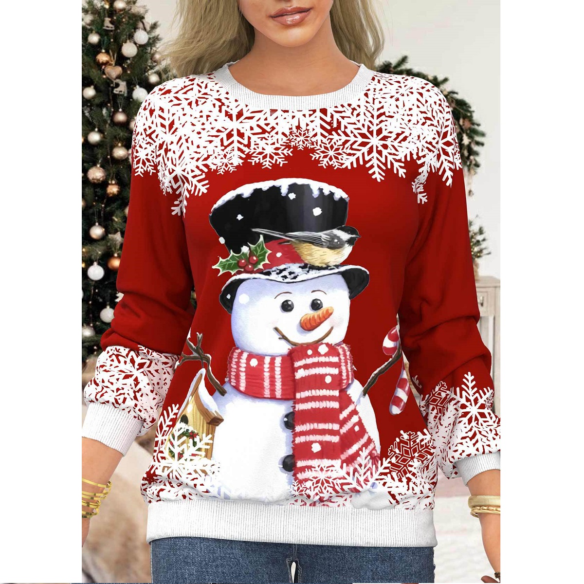 thumbnail image 2 of Jersey de Navidad para mujer, blusa suelta, sudaderas para mujer, camisetas de manga larga de Navidad (rojo frijol XL), 2 of 2