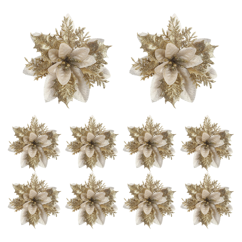 thumbnail image 3 of 10uds. Adornos de cabezas de flores en polvo con purpurina, 15cm, para decoración de árbol de Navidad (dorado), 10 Uds., 3 of 3