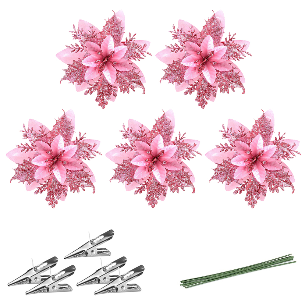 thumbnail image 2 of 3uds. Cabezas de flores con purpurina de 14 cm con clip y tallo para decoración de árbol de Navidad (rosa, 5 unidades), 2 of 3