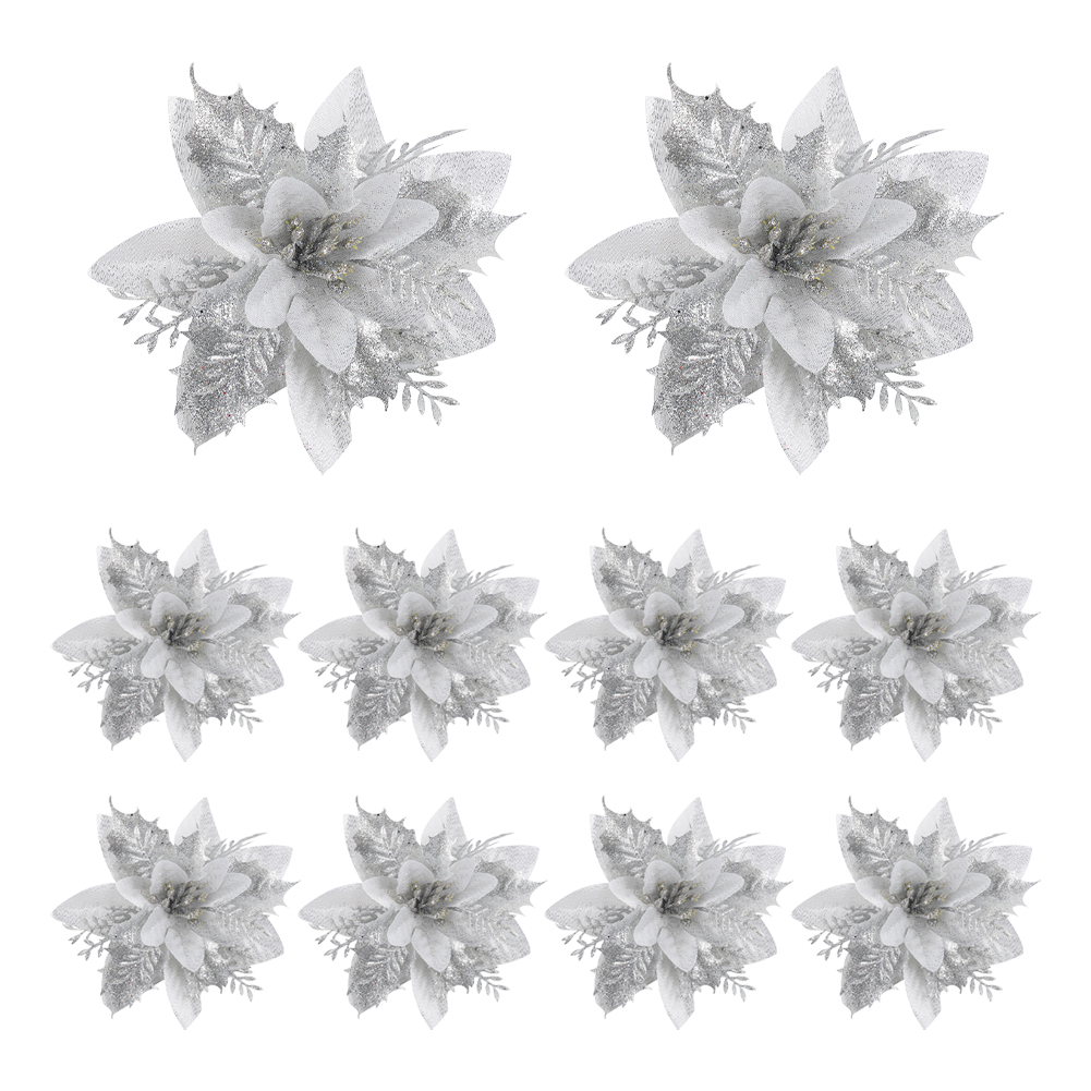 thumbnail image 2 of 2uds. 10 Uds. De decoraciones de cabezas de flores en polvo con purpurina de 15cm para decoración de árbol de Navidad (plata), 2 of 3