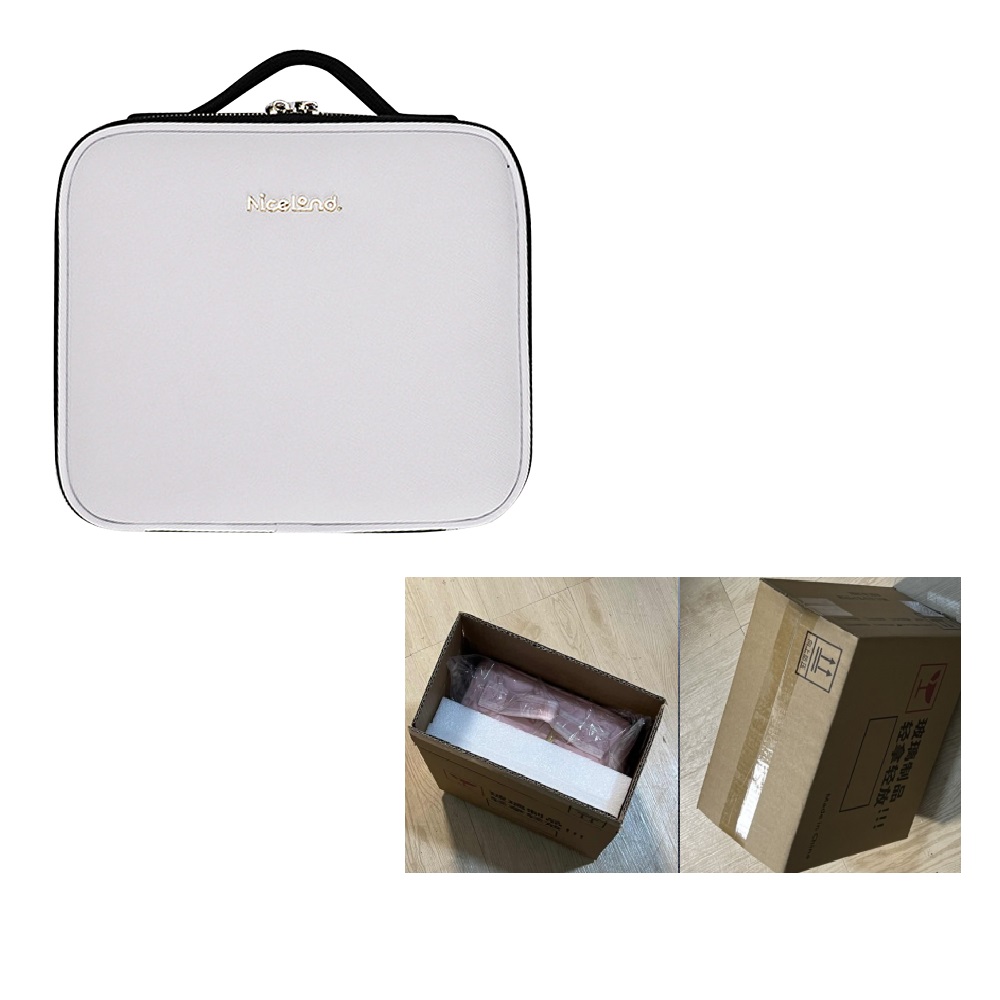 thumbnail image 2 of Bolsa de cosméticos de cuero PU con cremallera y luz LED de espejo (embalaje grande blanco), 2 of 6